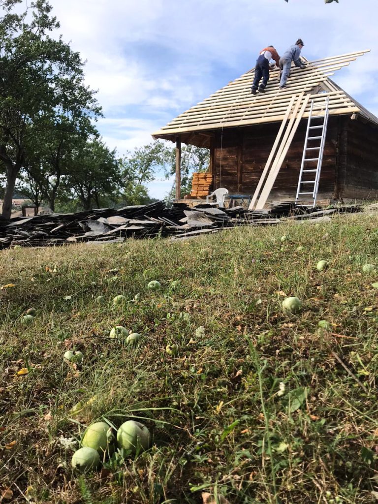 workers building a new roof on an old wooden cottage